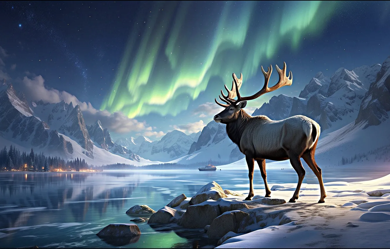 Photo wallpaper winter, look, face, snow, mountains, night, Northern lights, deer