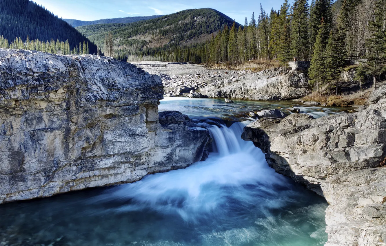 Photo wallpaper trees, mountains, stones, rocks, waterfall, stream, Canada, Albert