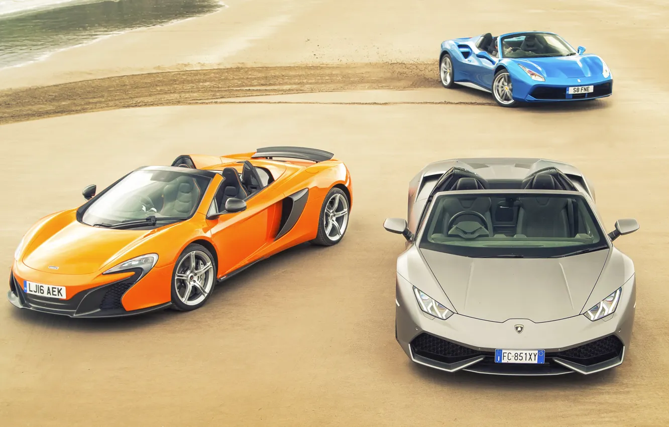 Photo wallpaper sand, auto, trail, McLaren, Lamborghini, Ferrari, Ferrari, Blue