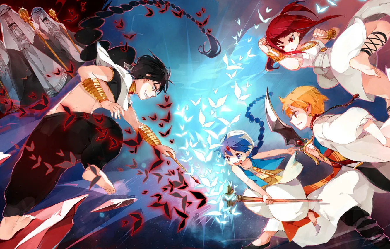 Photo wallpaper girl, fight, guy, Aladdin, Morgiana, Ali Baba Saluja, Magi: The Labyrinth of Magic, Judal