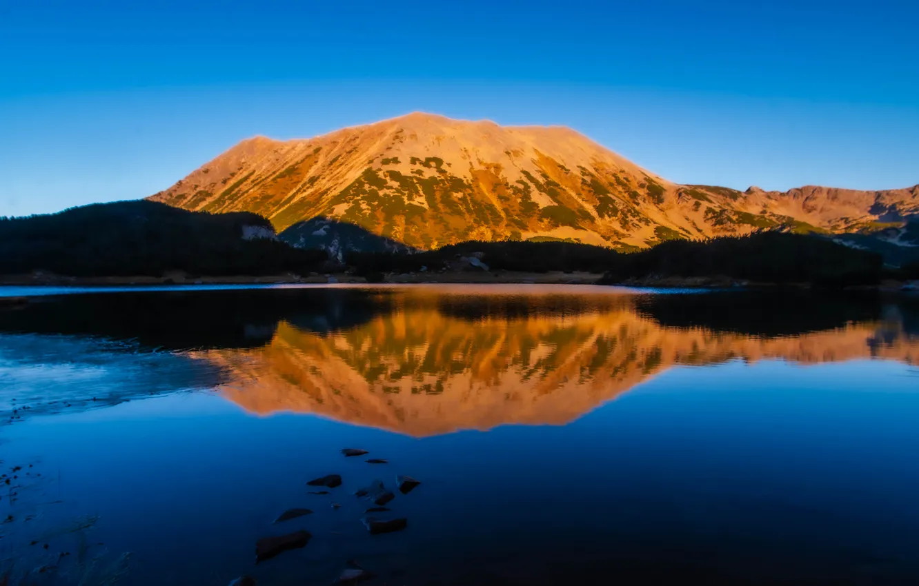 Photo wallpaper beauty, horizon, the reflection in the water, blue sky, Gold mountain, Nikolov Andriyan