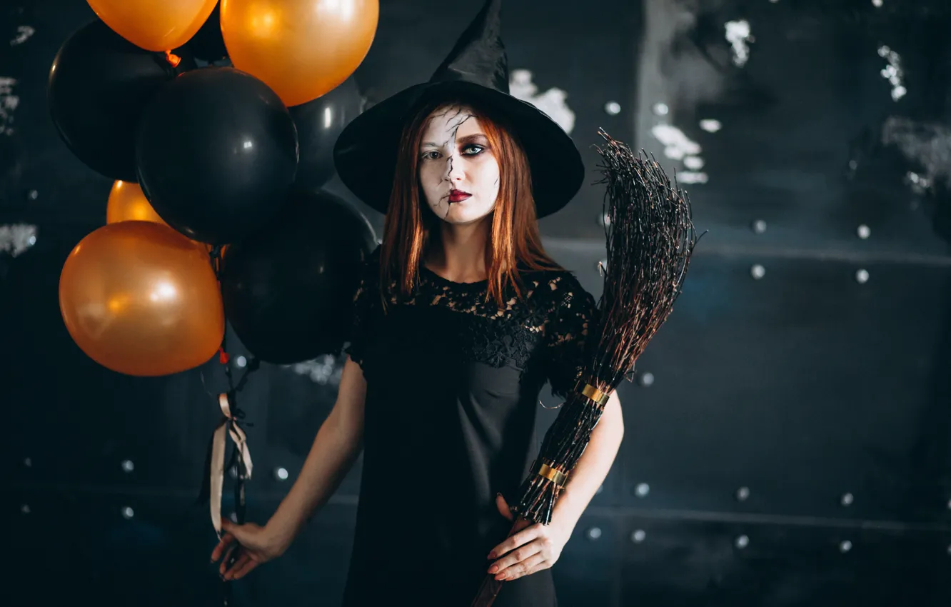 Photo wallpaper autumn, girl, the dark background, holiday, makeup, pumpkin, Halloween, witch