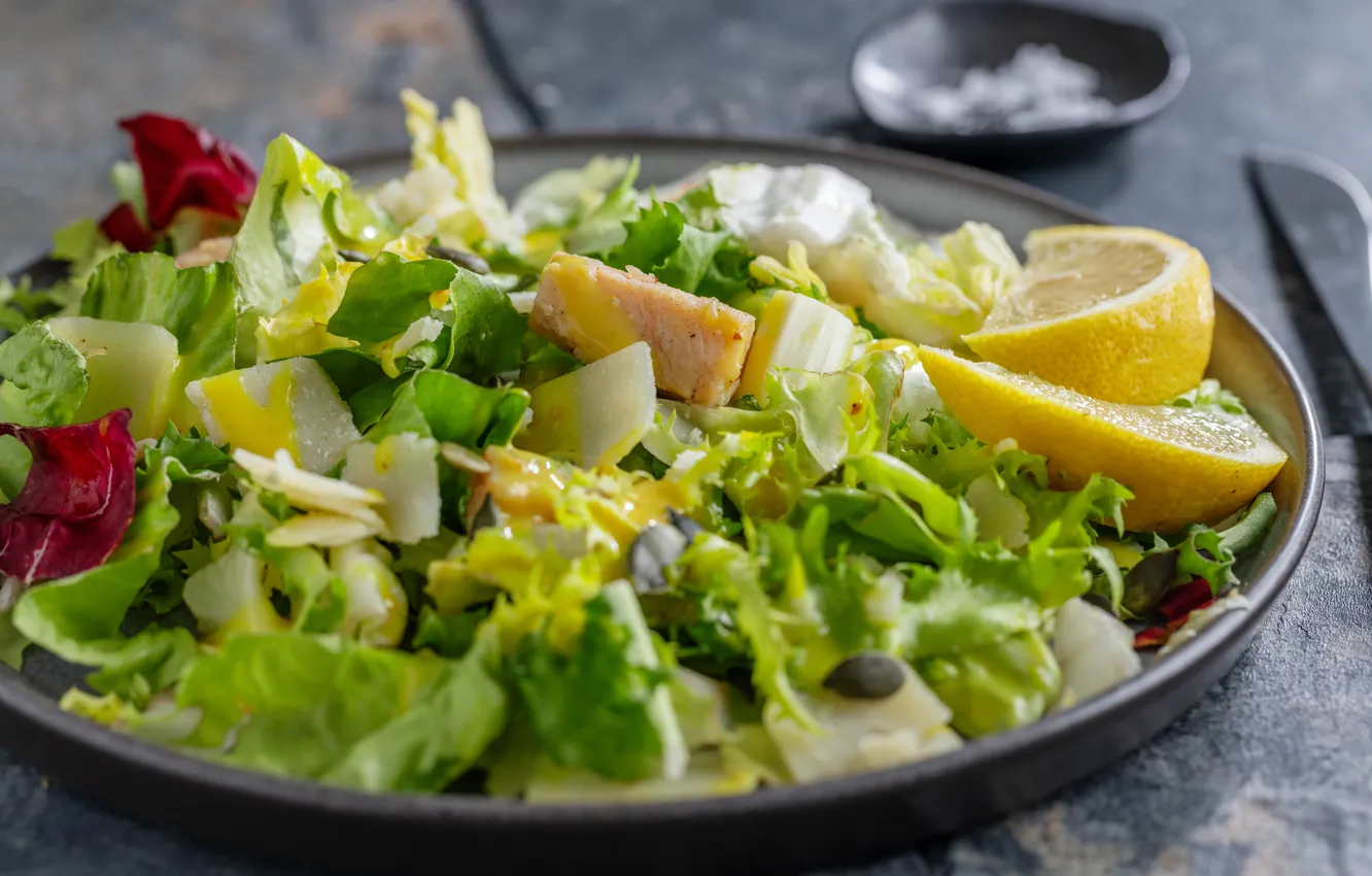Photo wallpaper lemon, plate, salad, green