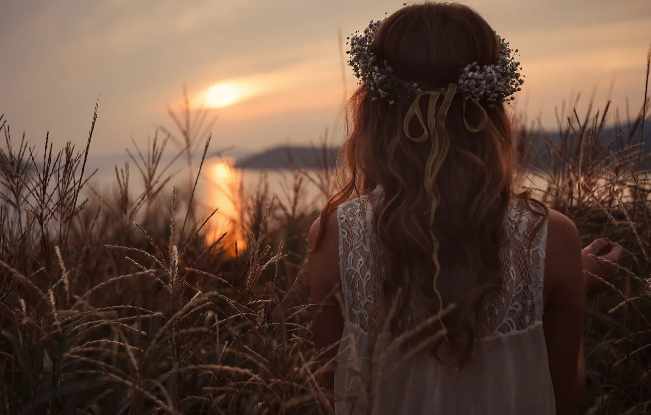Photo wallpaper the sky, sunset, dawn, reed, brown hair, wreath, pond, sundress