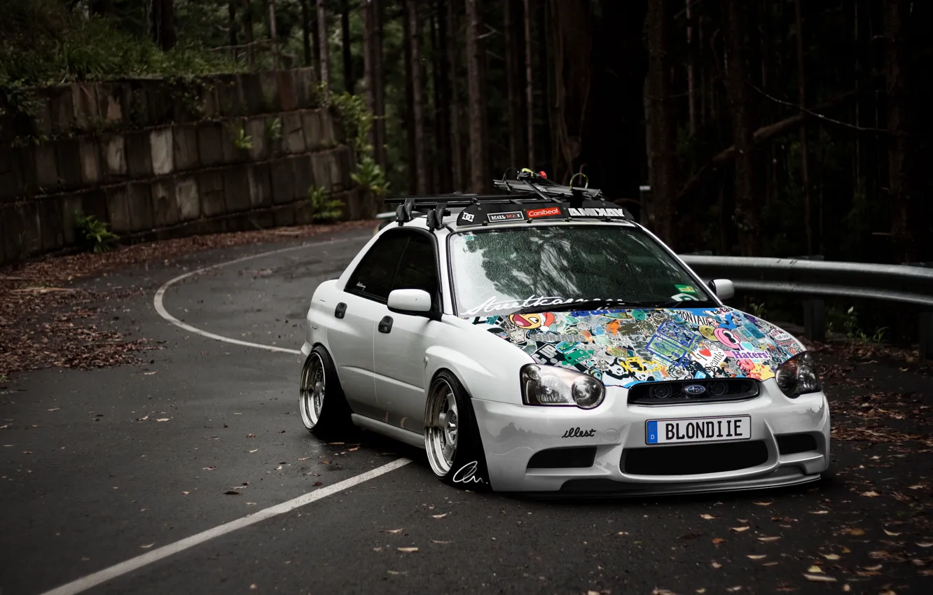 Photo wallpaper road, ski, tuning, subaru impreza, low, stance works, decals