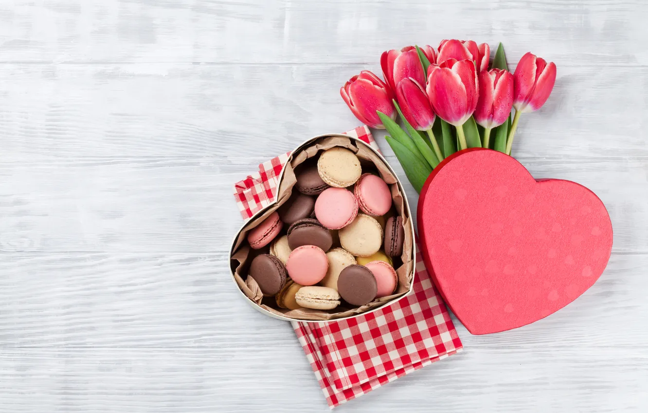 Photo wallpaper flowers, red, gift, bouquet, tulips, red, love, heart