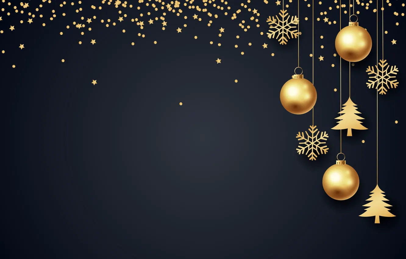 Photo wallpaper decoration, snowflakes, balls, tree, new year, Christmas, golden, black background