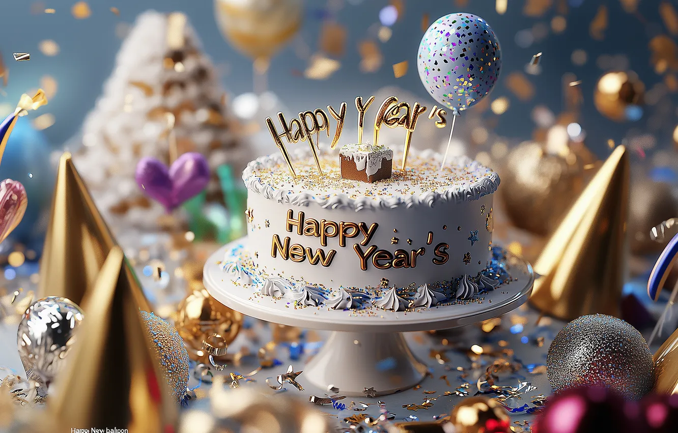 Photo wallpaper balls, holiday, toy, cake, happy new year, digital art, Happy New year, digital art