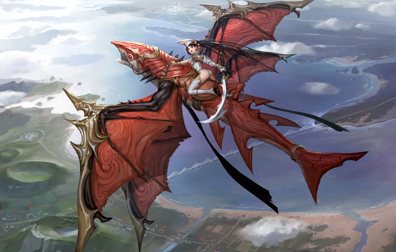Photo wallpaper girl, flight, dragon, height, sword, anime, art