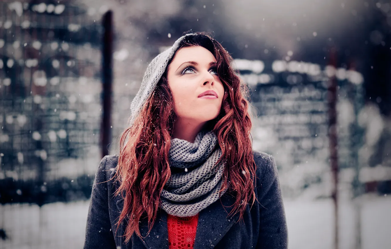 Photo wallpaper girl, snow, scarf, redhead, coat