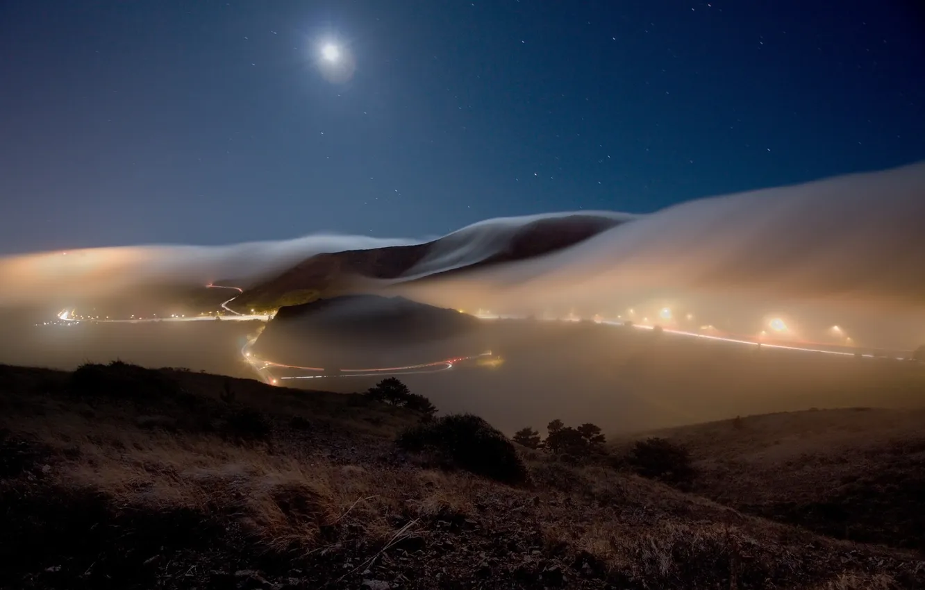 Photo wallpaper road, clouds, landscape, mountains, night, the city, the moon, haze
