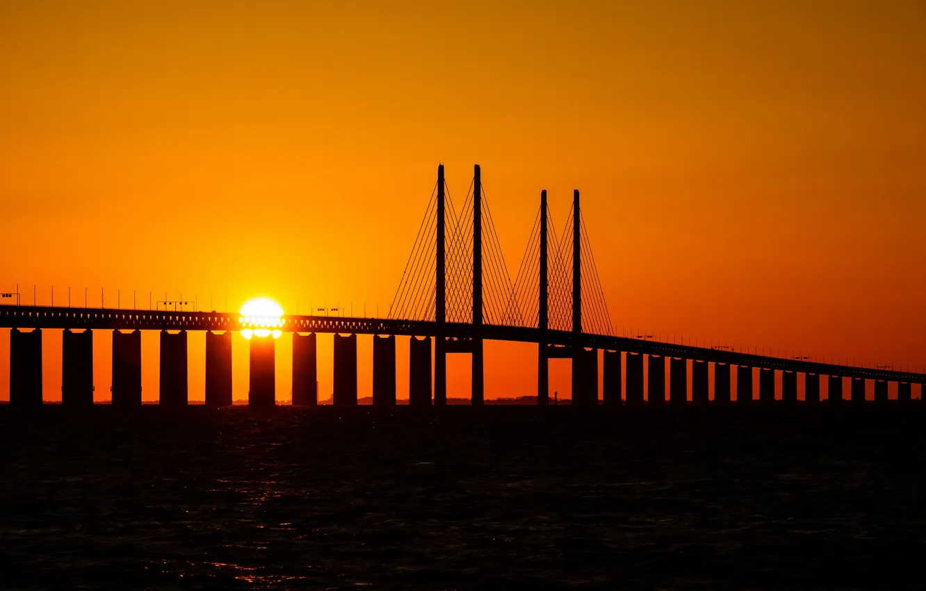 Photo wallpaper sunset, bridge, Sweden, Bunkeflostrand, Skane, Burning bridge