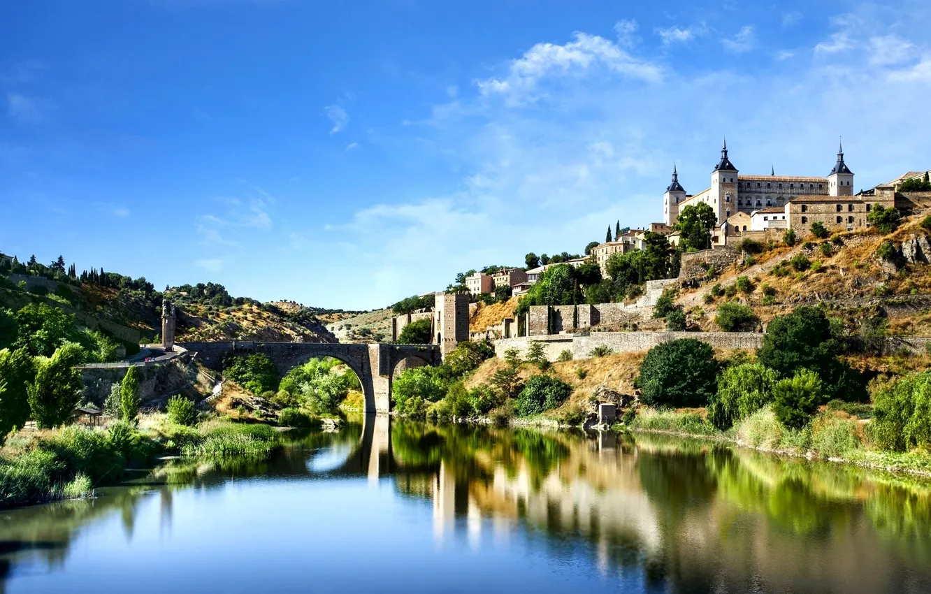 Photo wallpaper the sky, clouds, landscape, bridge, nature, the city, river, architecture