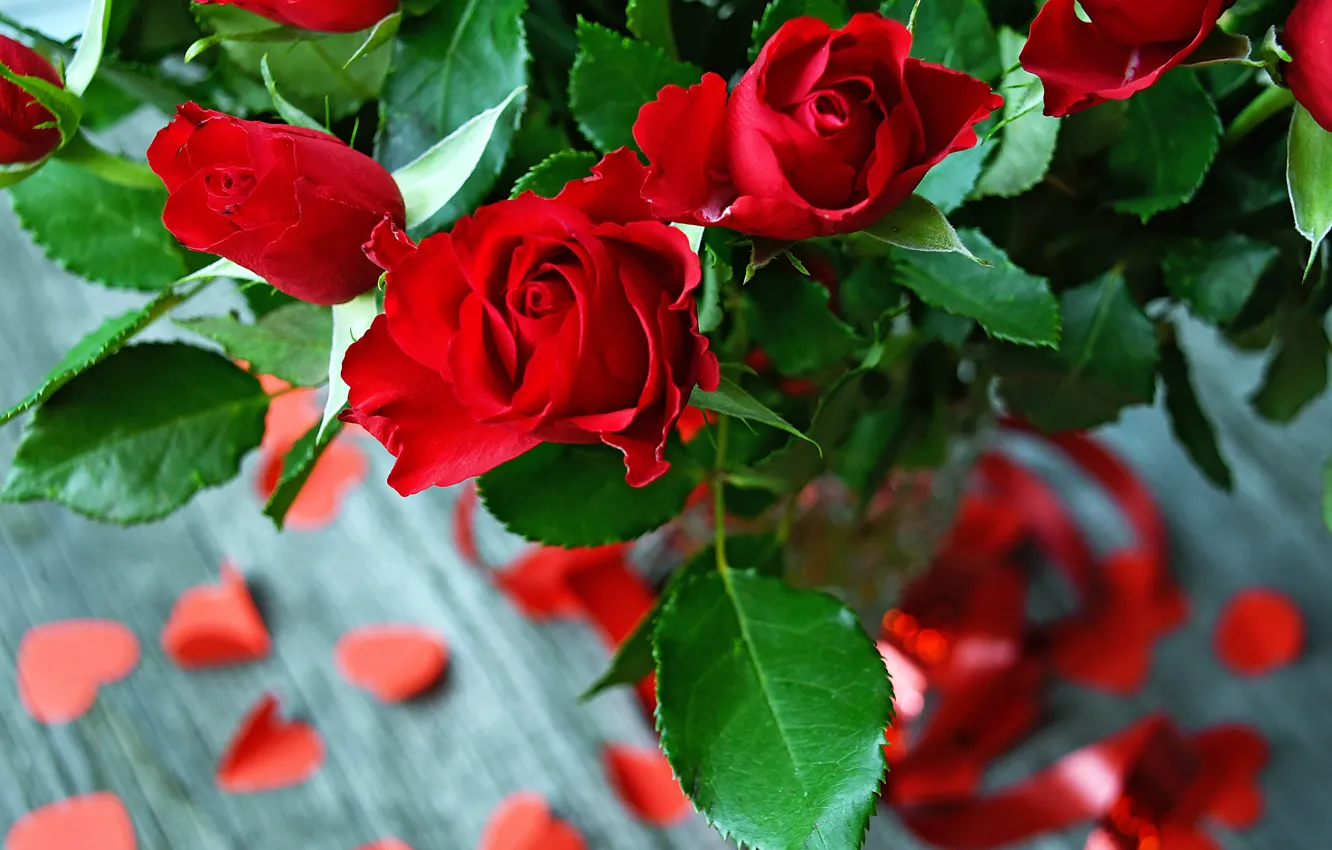 Photo wallpaper roses, petals, tape, red, vase, buds