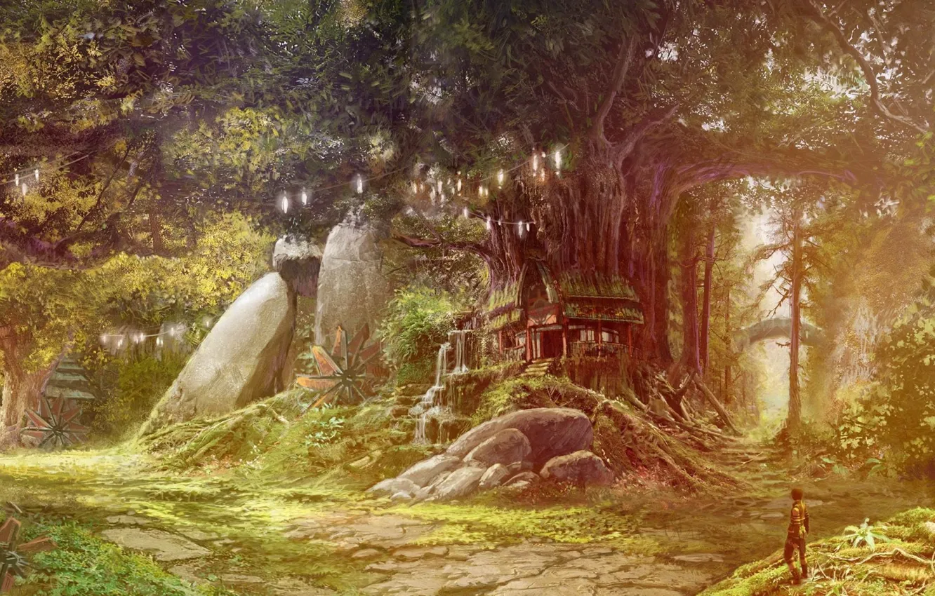 Photo wallpaper forest, trees, people, tree house