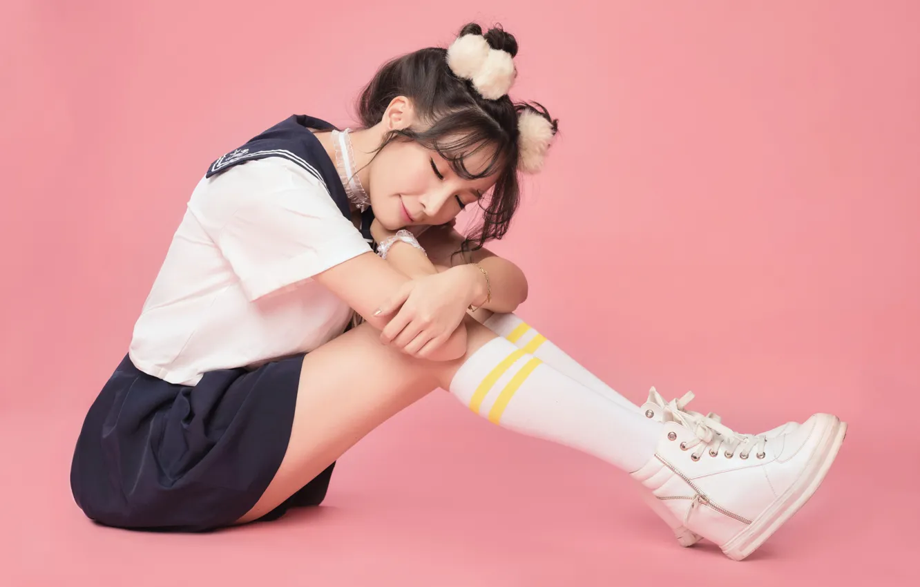 Photo wallpaper style, skirt, girl, background, face, legs, hair