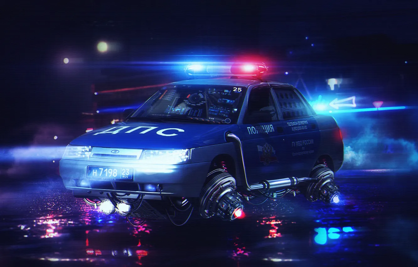 Photo wallpaper machine, night, fiction, police, DPS, art, fantasy, cyberpunk