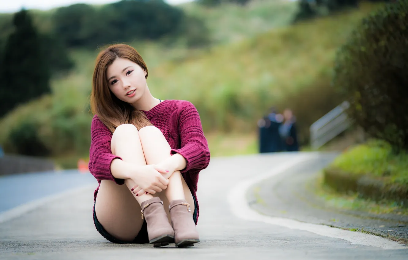 Photo wallpaper road, girl, Asian, cutie, bokeh