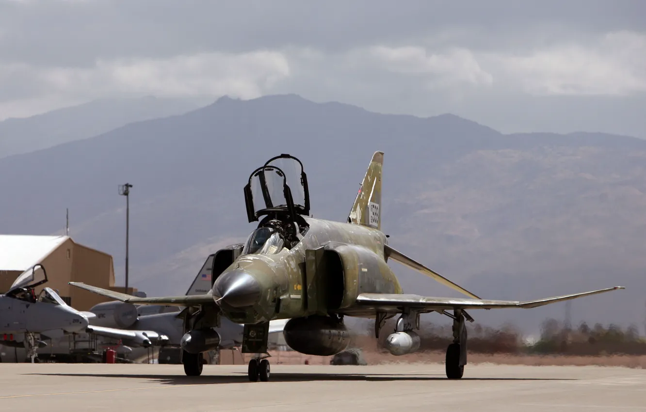 Photo wallpaper mountains, the airfield, F-4, Phantom II