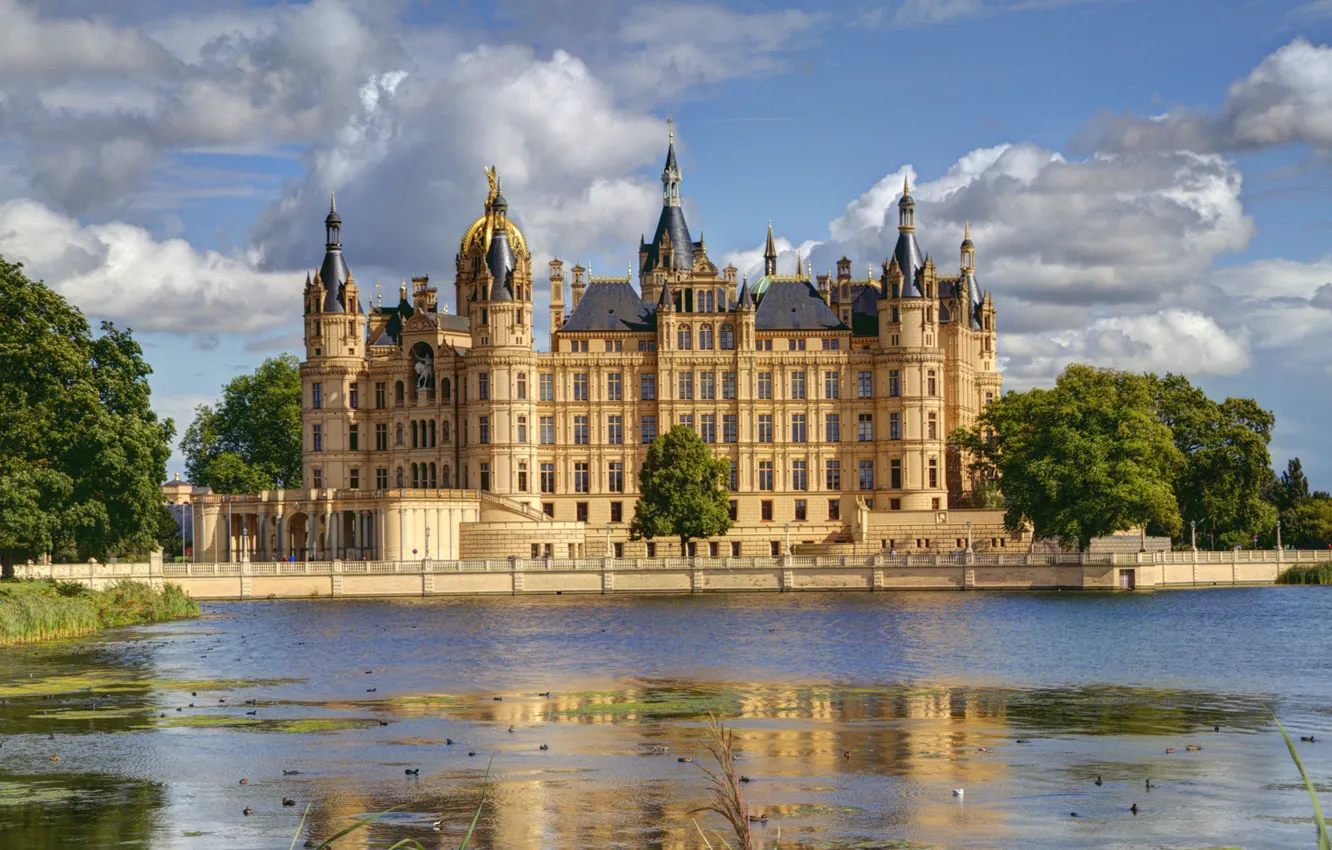 Photo wallpaper river, castle, Germany, Schwerin, Schwerin Castle