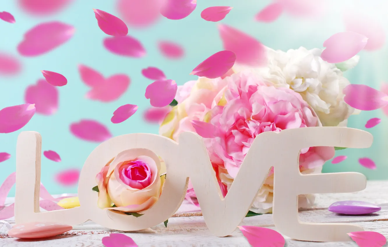 Photo wallpaper roses, hearts, love, heart, pink, flowers, romantic, petals