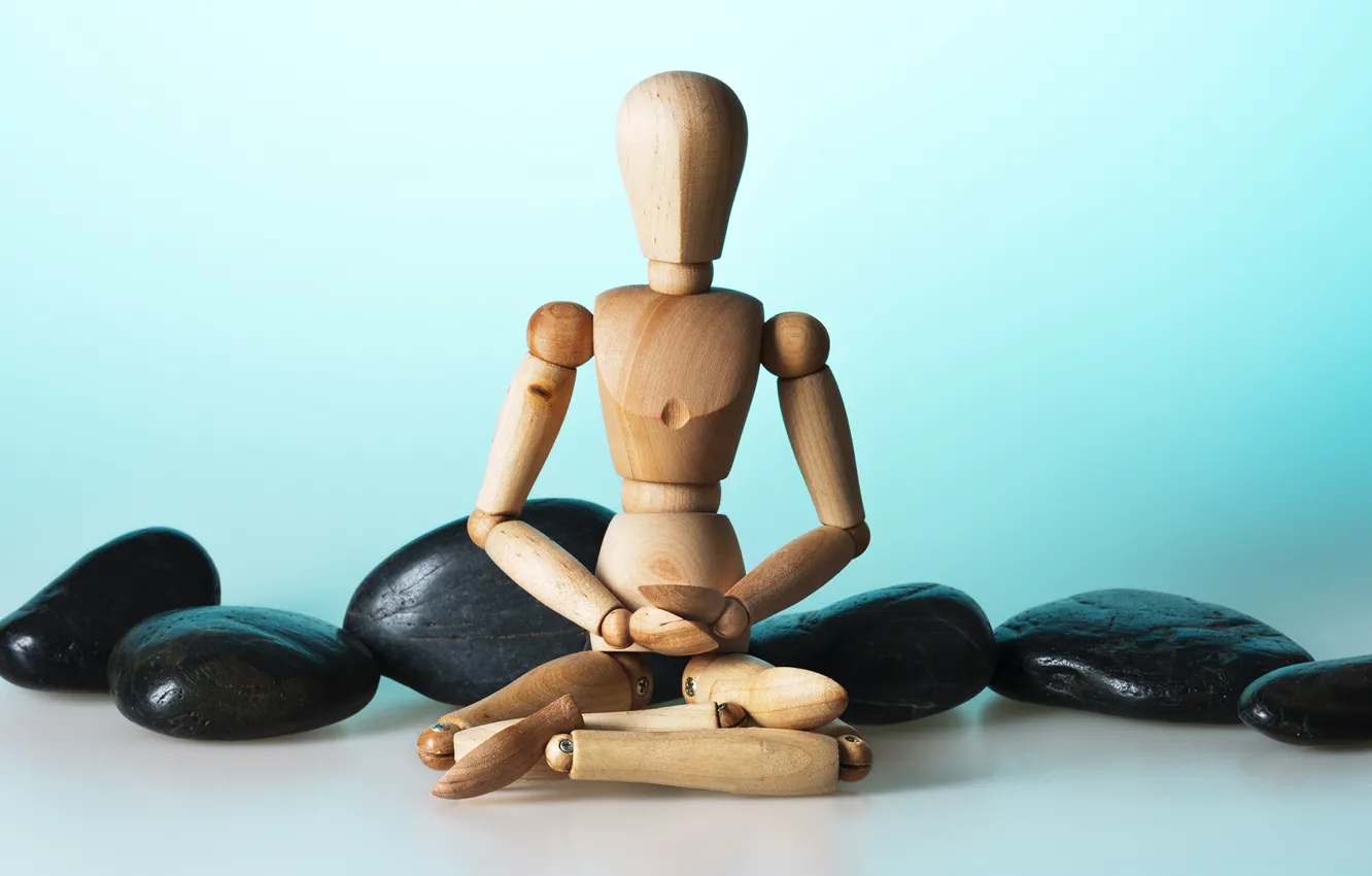 Photo wallpaper wood, stones, doll, yoga pose, human body, proportions