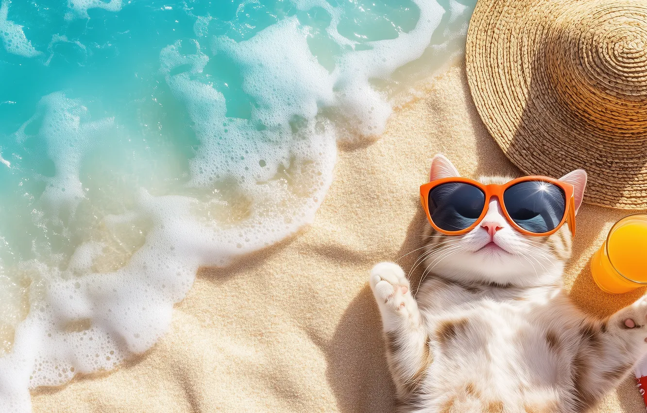 Photo wallpaper sand, sea, wave, cat, beach, cat, foam, pose