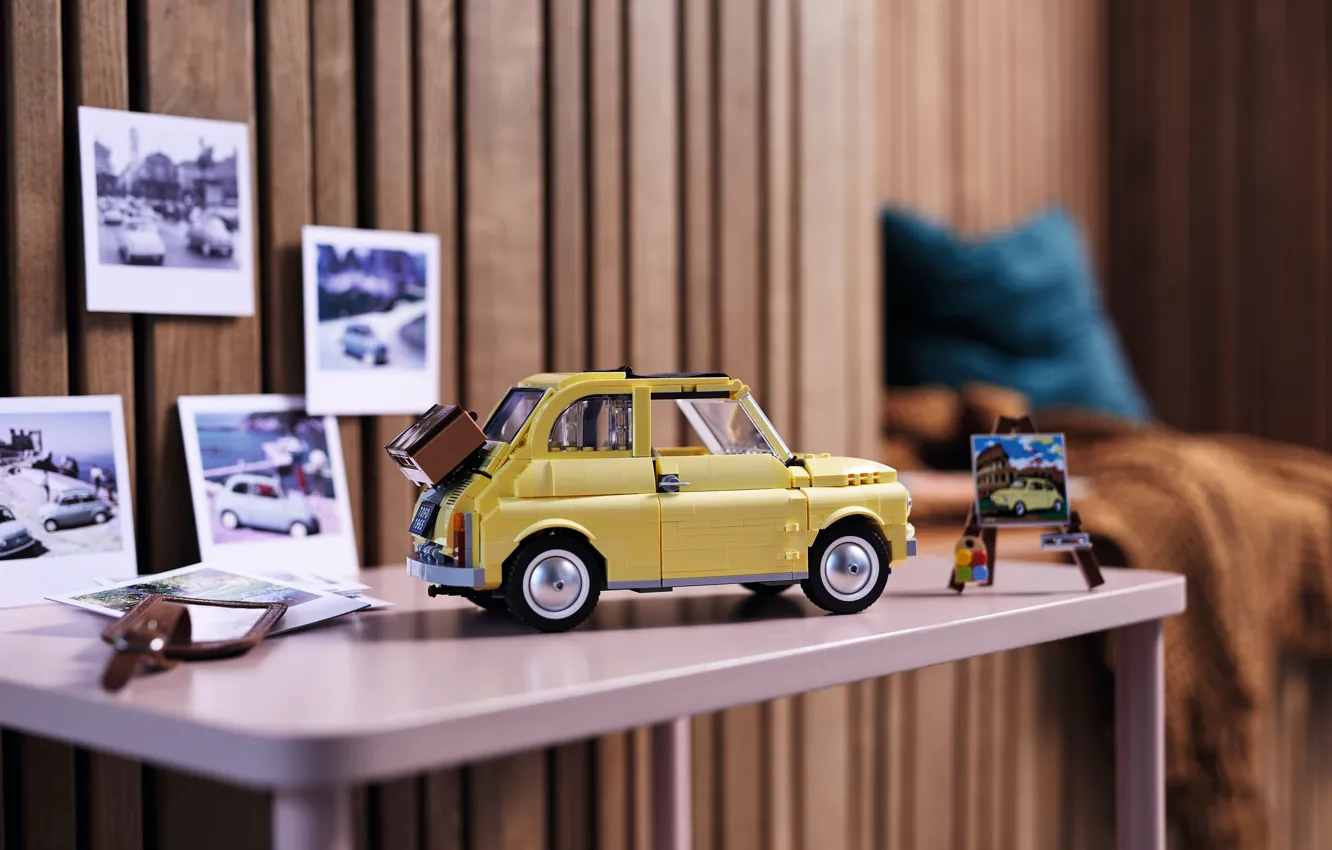 Photo wallpaper yellow, table, Lego, Fiat 500, LEGO Fiat 500, Toy car, Toy Car