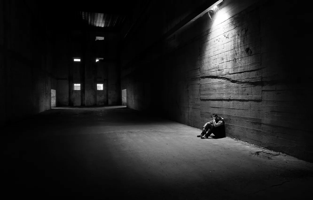 Photo wallpaper light, man, loneliness, melancholy, hangar