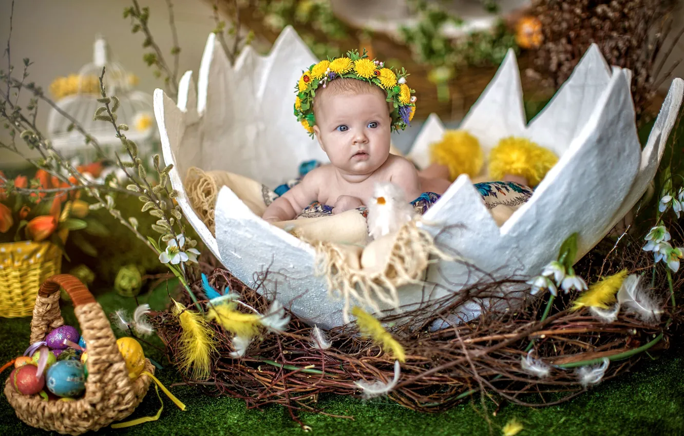 Photo wallpaper egg, child, Easter, socket, Verba, baby, eggs