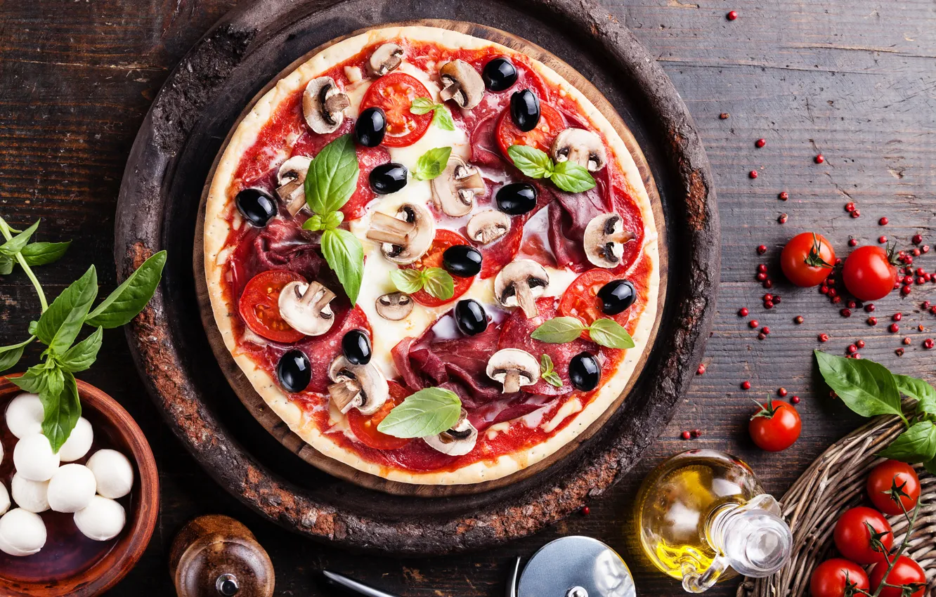 Photo wallpaper mushrooms, pizza, tomatoes, olives, sausage, pizza, mushroom, tomatoes