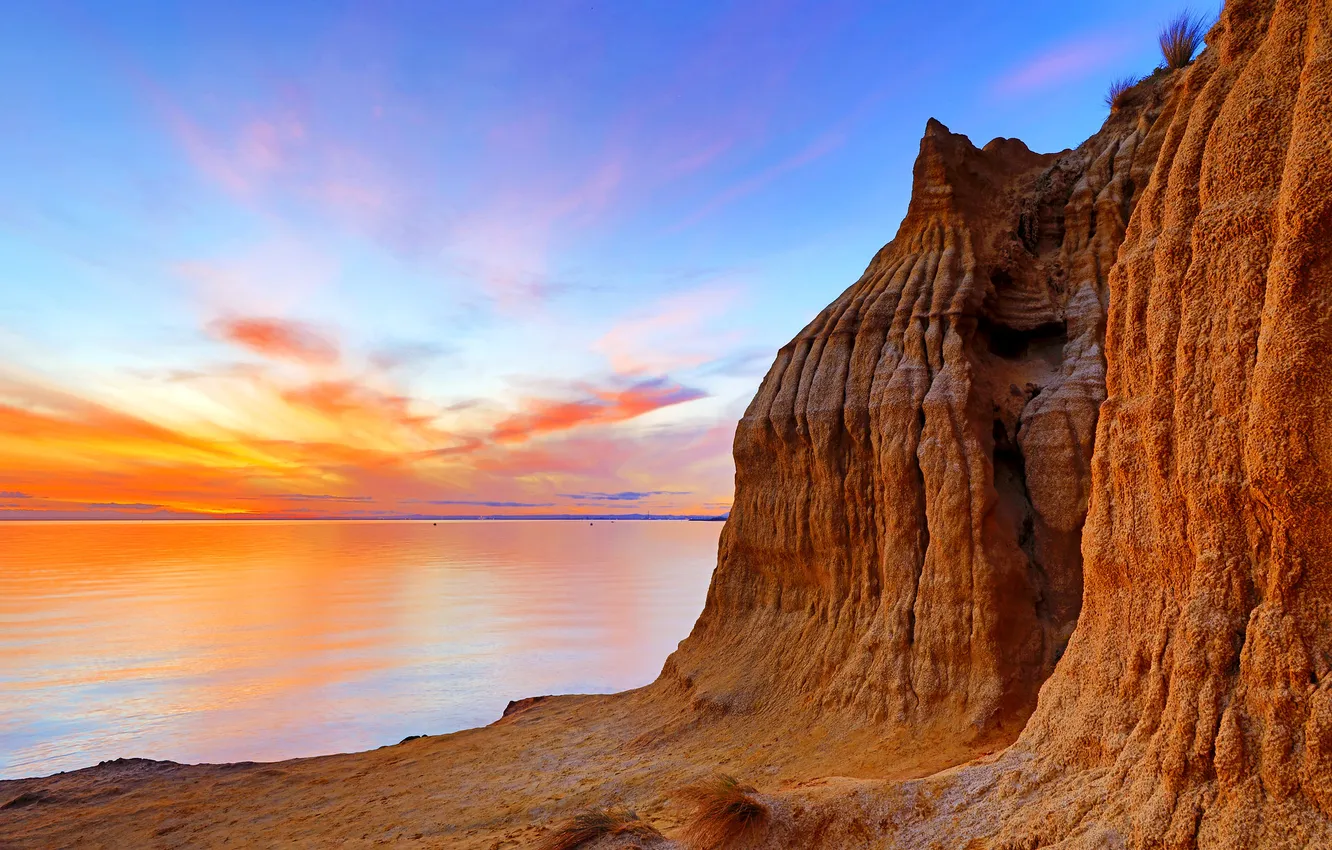Photo wallpaper beach, the sky, water, sunset, mountains, coast