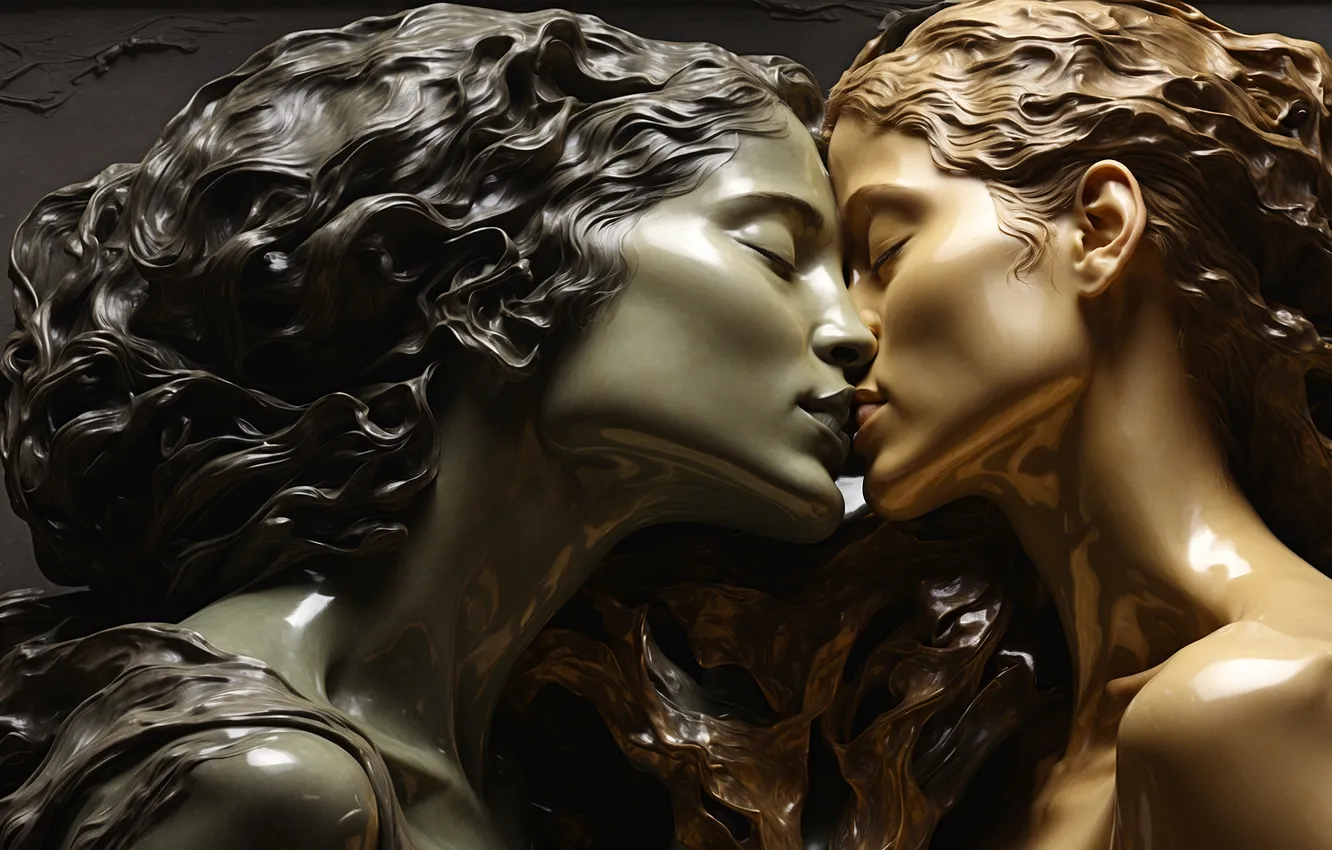 Photo wallpaper girl, stones, hair, Shine, portrait, kiss, sculpture, two girls