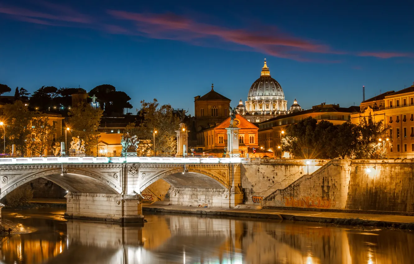 Photo wallpaper night, bridge, lights, river, lights, Italy, Italy, rivers