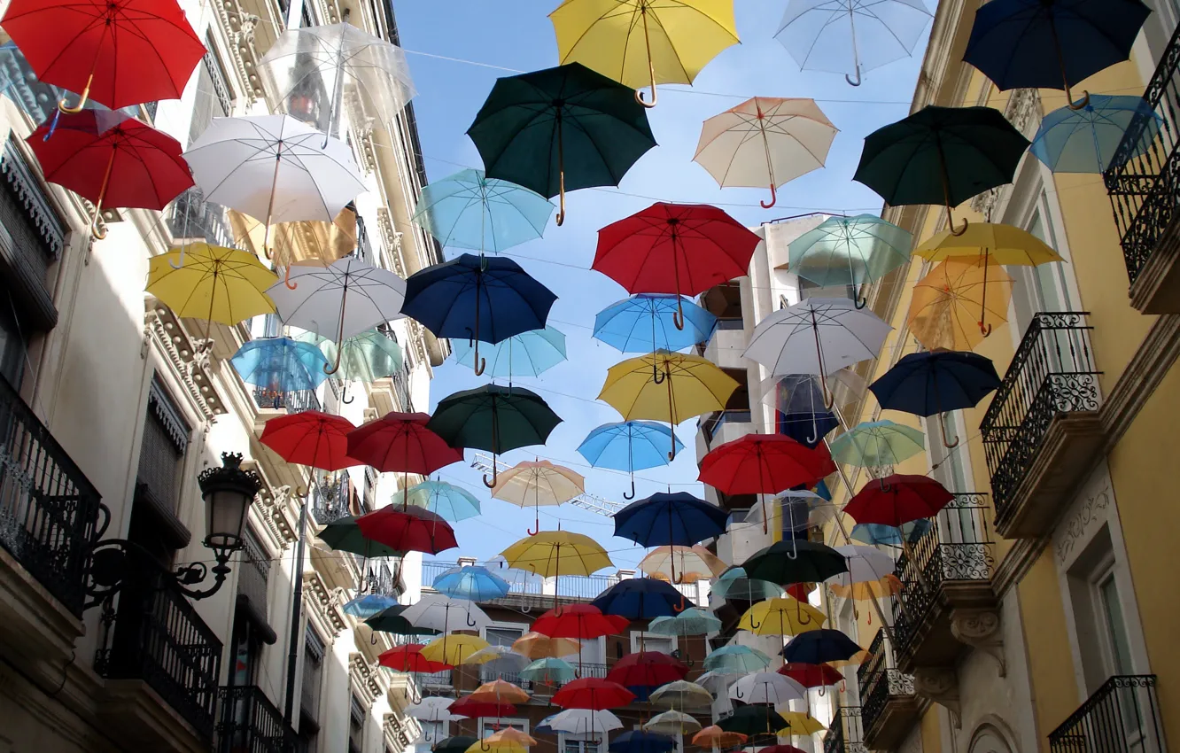 Photo wallpaper Colorful, Street, Umbrella, Balcony
