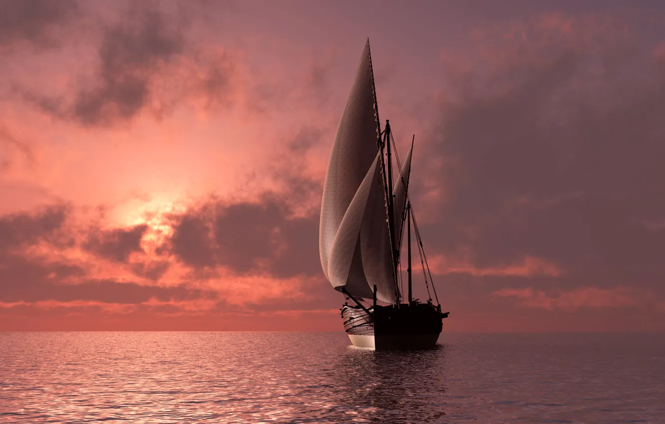 Photo wallpaper sea, the sky, sunset, boat, the evening, horizon, sails, seascape