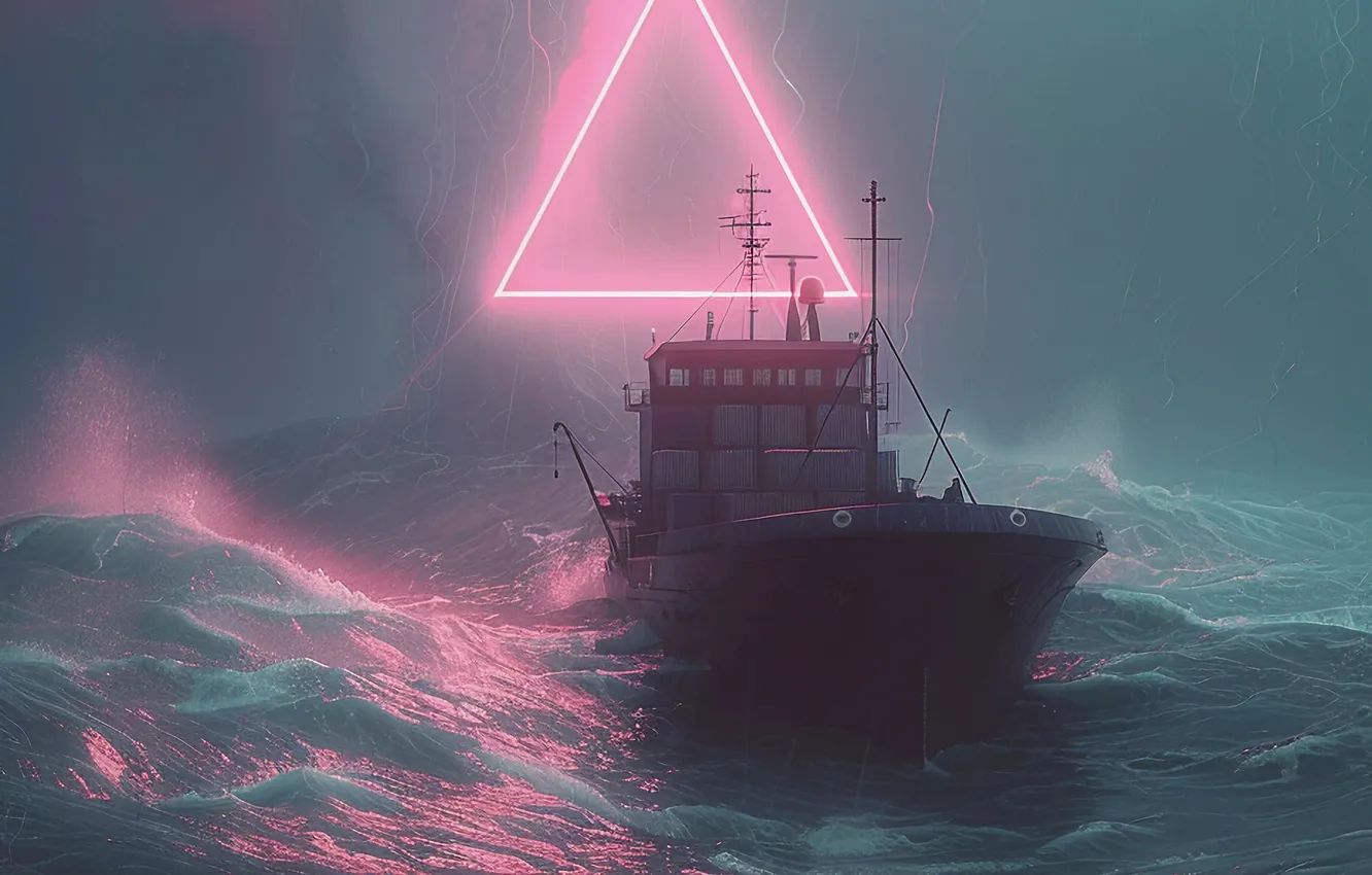 Photo wallpaper Sea, Wave, Lightning, Ship, Rain, The portal, Digital art, AI art