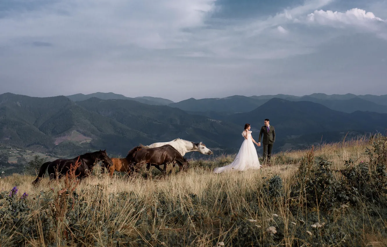 Photo wallpaper field, the sky, grass, girl, clouds, mountains, fog, horse