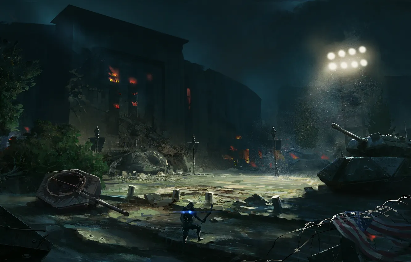 Photo wallpaper snow, night, lights, fire, people, destruction, tank, barbed wire