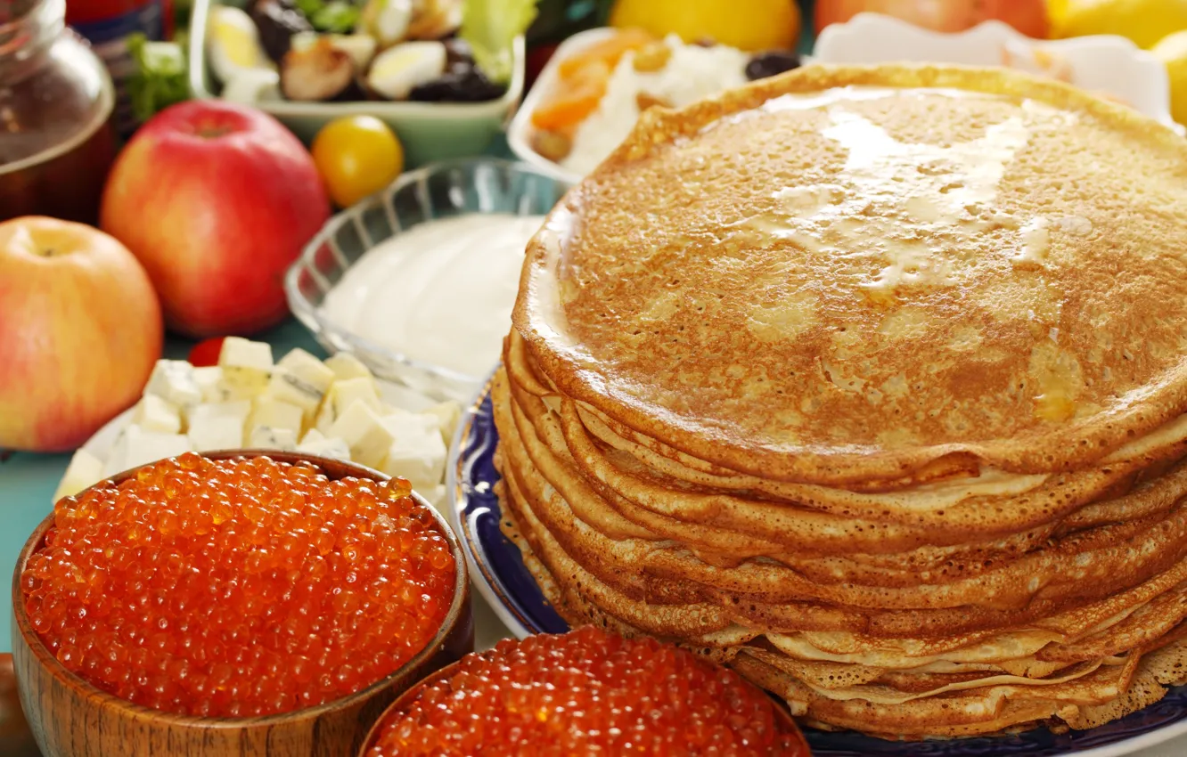 Photo wallpaper apples, pancakes, caviar