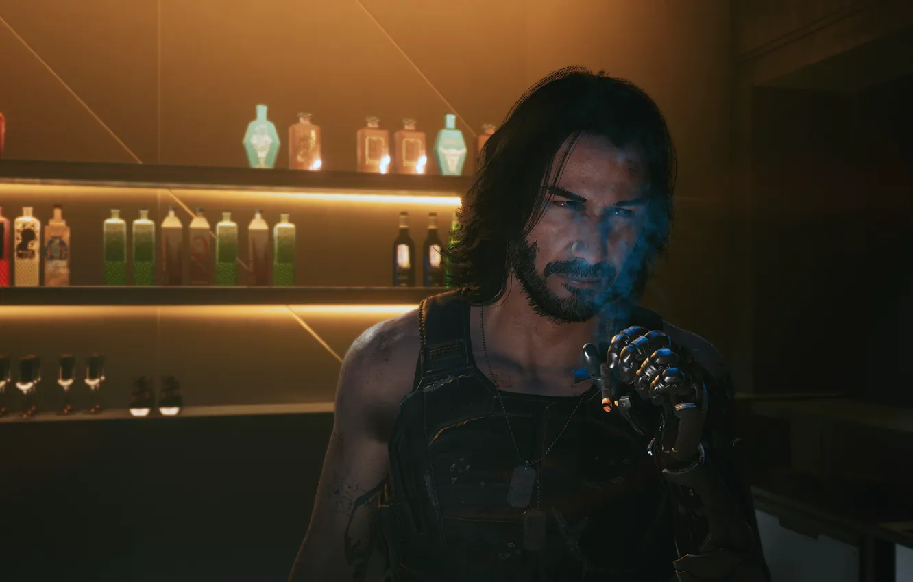 Photo wallpaper bar, cigarette, cyberpunk, smoking, smoke, Keanu Reeves, Keanu Reeves, Cyberpunk 2077