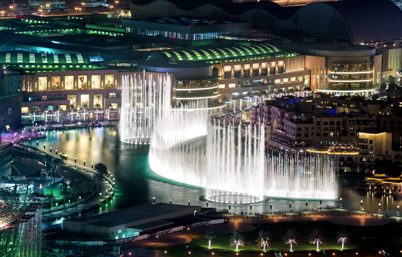 Photo wallpaper night, building, fountain, Dubai, UAE