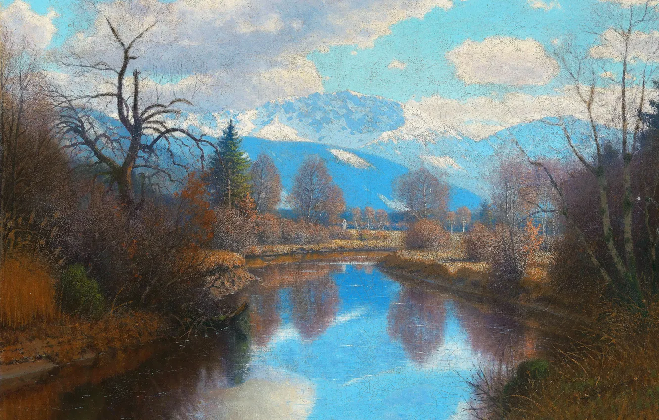 Photo wallpaper Clouds, Mountains, Autumn, Trees, River, Picture, Fritz Müller-Landeck, German painter