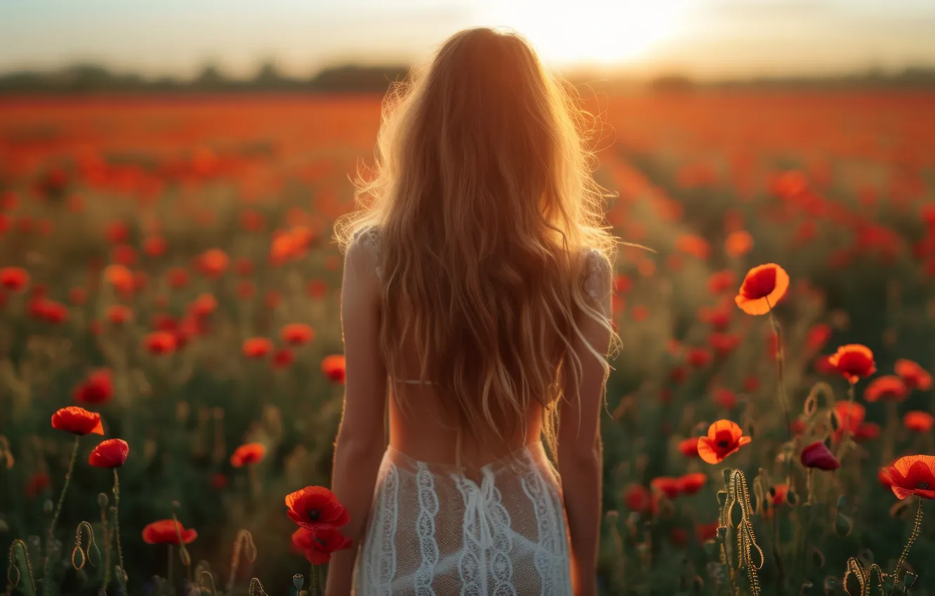 Photo wallpaper field, summer, girl, flowers, red, back, Maki, walk
