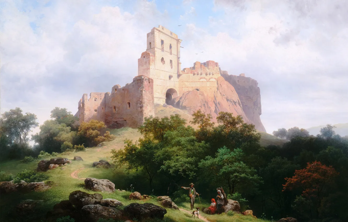 Photo wallpaper trees, people, picture, ruins, Austrian painter, Joseph Holzer, Josef Holzer, Paulenstein ruins near Stampfen in …