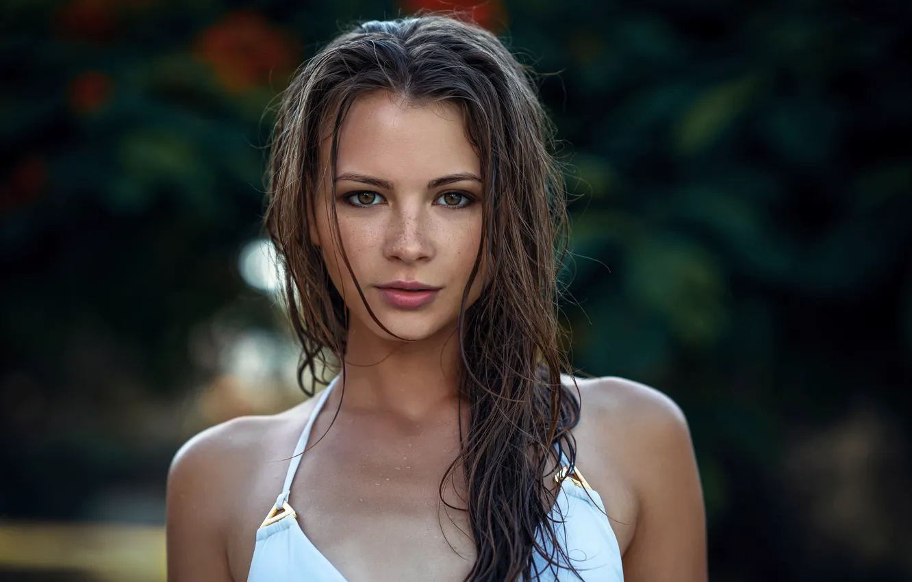 Photo wallpaper girl, wet, long hair, photo, eyes, model, water drops, lips