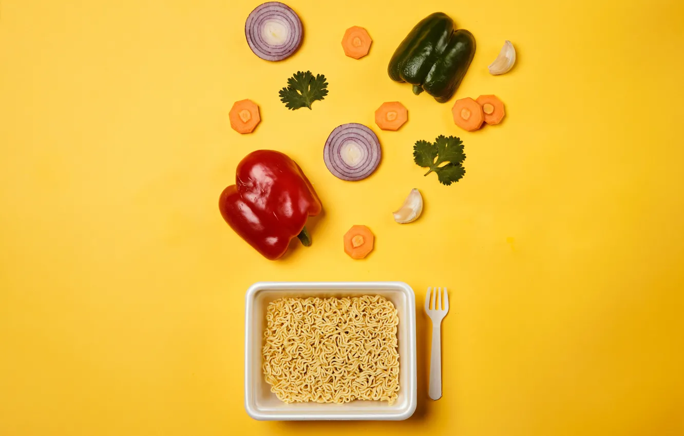 Photo wallpaper bow, pepper, plug, vegetables, carrots, yellow background, fork, peppers