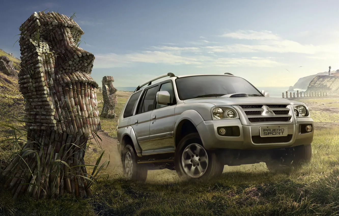 Photo wallpaper collage, island, head, bamboo, Easter, sculpture, log, Pajero