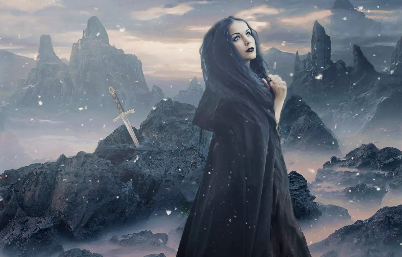 Photo wallpaper winter, the sky, look, girl, clouds, snow, mountains, pose