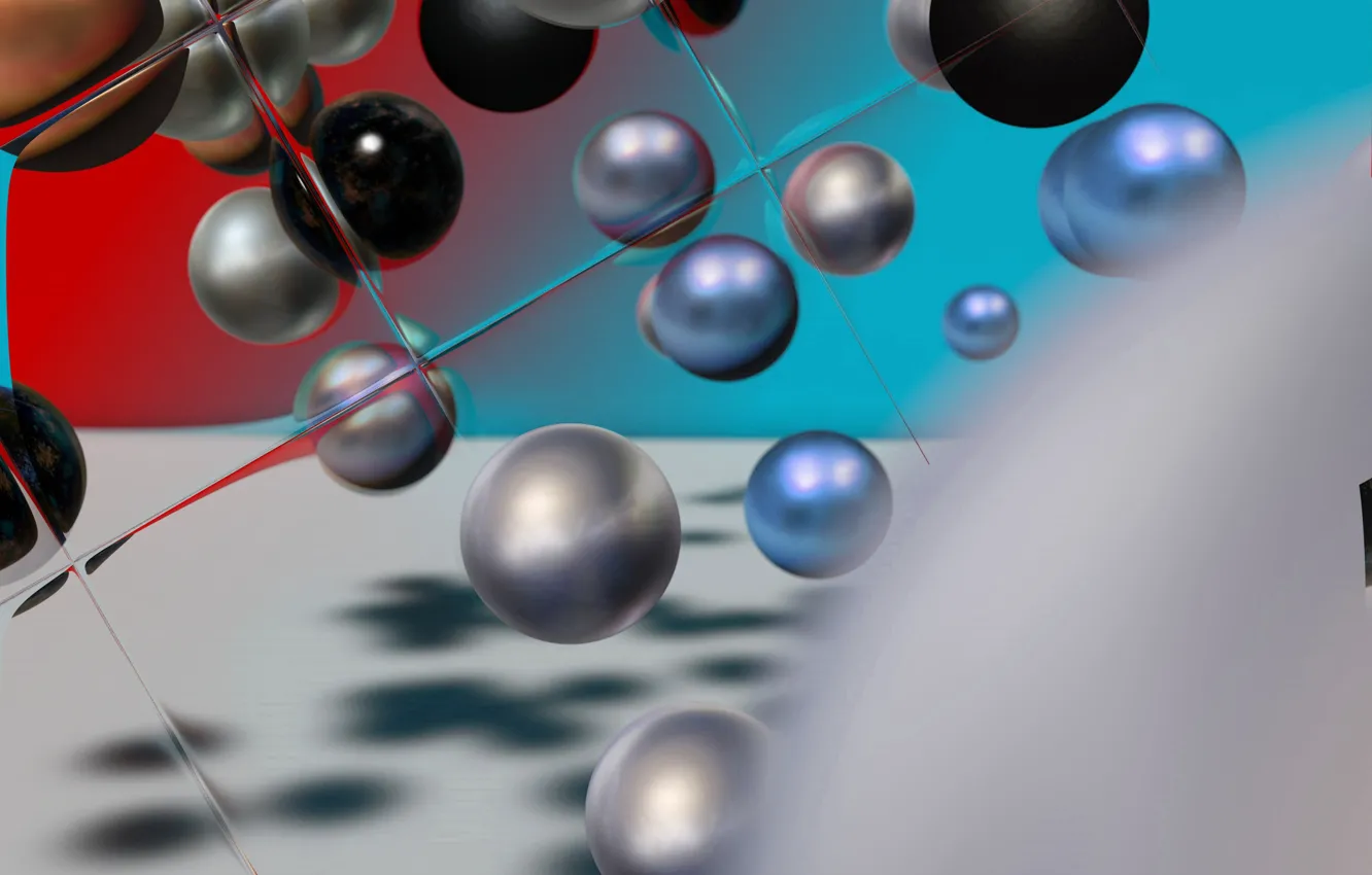 Photo wallpaper glass, blue, red, metal, reflection, rendering, balls, tile